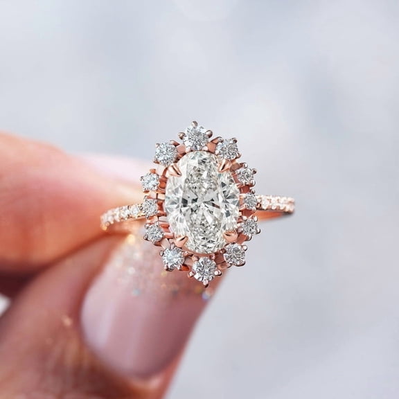 Solitaire Brilliance 1CT Oval Moissanite Halo Pave Engagement Ring for Women 10k Rose Gold Ring Size 6