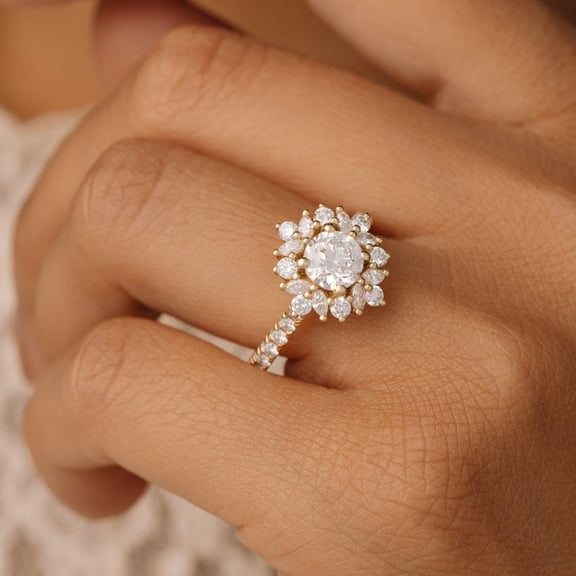 Solitaire Brilliance 1CT Round Cut Moissanite Cluster Style Engagement Ring Setting for Women 10k Yellow Gold Size 10