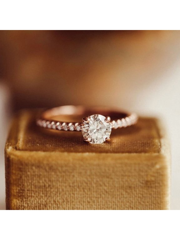 1CT Round Moissanite Pave Engagement Ring for Women 14k Rose Gold Ring Size 6