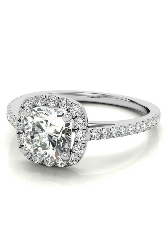 1Ct Cushion Moissanite Engagement Halo Pave Ring 18K White Gold Plated