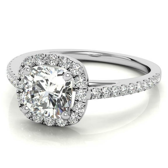 Solitaire Brilliance 1Ct Cushion Moissanite Engagement Halo Pave Ring 18K White Gold Plated