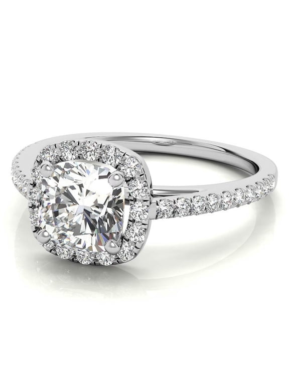 1Ct Cushion Moissanite Engagement Halo Pave Ring 18K White Gold Plated