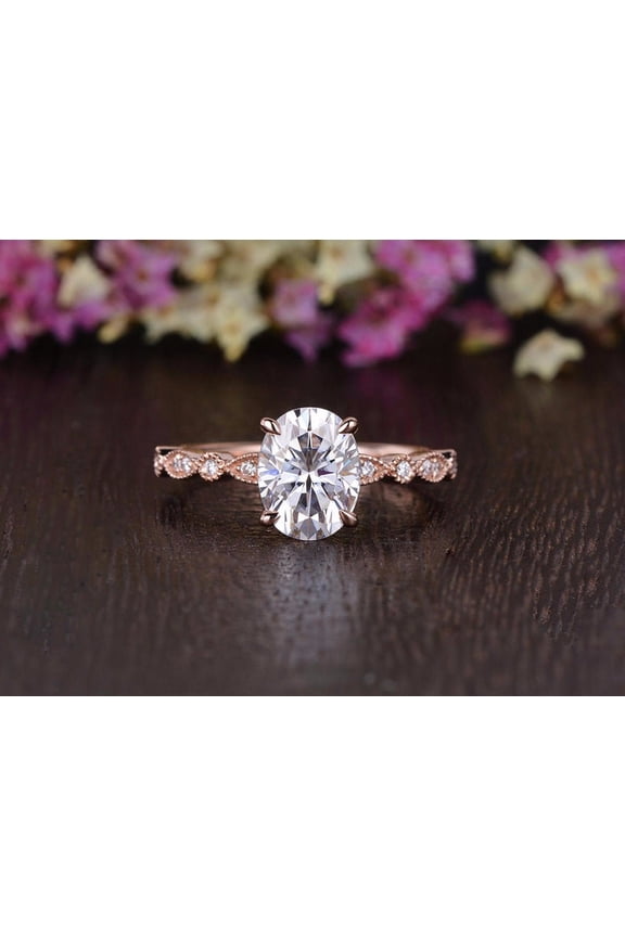 2.1CT Oval Moissanite Vintage Pave Engagement Ring for Women 10k Rose Gold Ring Size 8.5