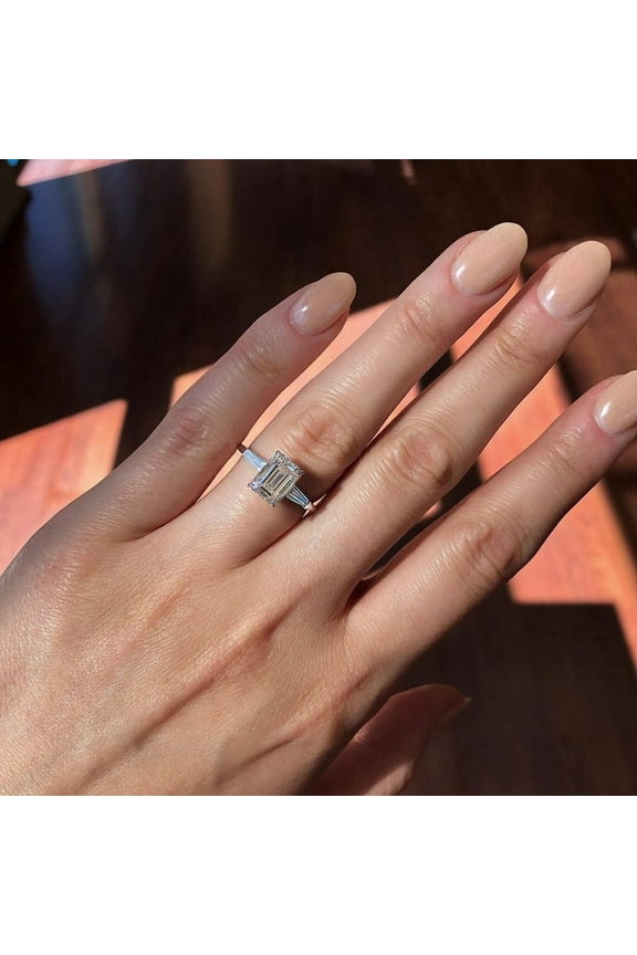 2.30Ct Three Stone Emerald Cut Moissanite Engagement Ring, Side Tapered Baguette Diamond Engagement Ring, 10k White Gold, Ring Size 4
