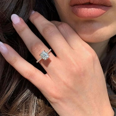 Solitaire Brilliance 2.50CT Cushion Brilliant Cut Moissanite Solitaire Accent Pave with Hidden Halo Engagement Ring in 10K White Gold, Ring Size 4