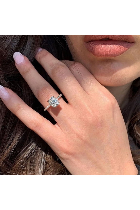 2.50CT Cushion Brilliant Cut Moissanite Solitaire Accent Pave with Hidden Halo Engagement Ring in 10K White Gold, Ring Size 4