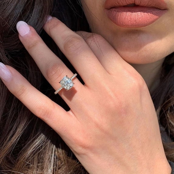 Solitaire Brilliance 2.50CT Cushion Brilliant Cut Moissanite Solitaire Accent Pave with Hidden Halo Engagement Ring in 10K White Gold, Ring Size 7