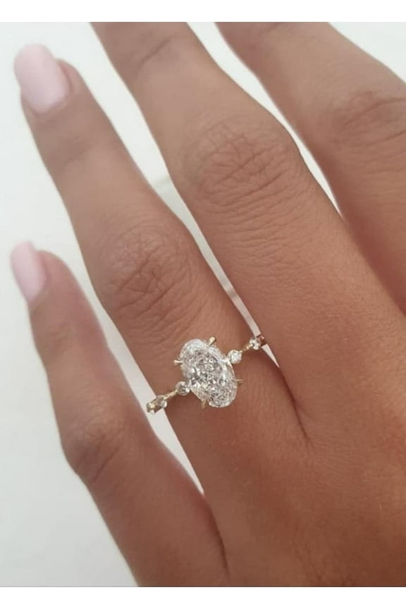 2.50CT Elongated Oval Solitaire Dainty Pave Moissanite Engagement Ring, Distance Pave Ring, Gift Ring, 10k Yellow Gold, Ring Size 10.5