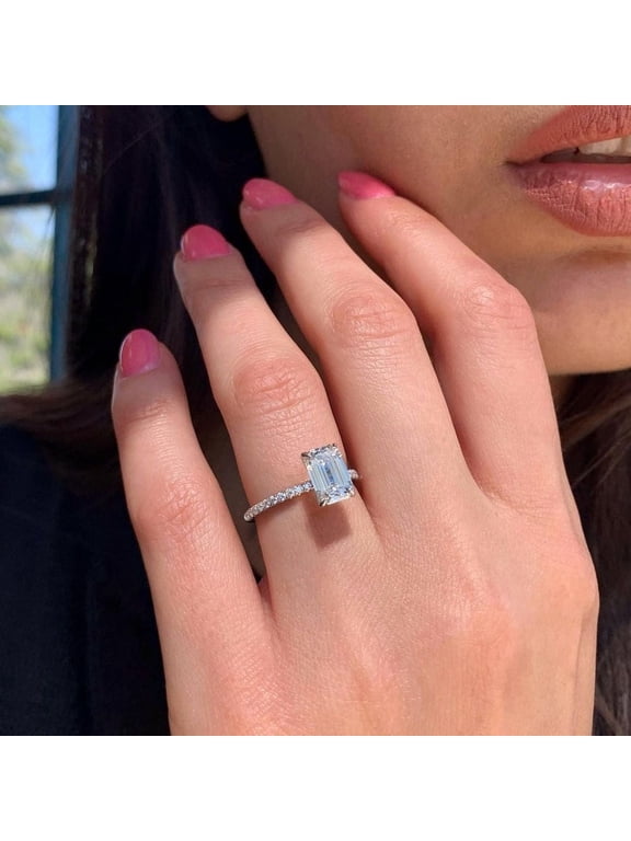 2.50CT Emerald Brilliant Cut Moissanite Solitaire Accent Pave Engagement Ring for Gift in 14K White Gold, Ring Size 5