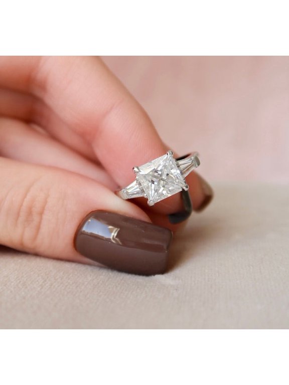 2.50CT Princess & Tapered Baguette Cut 3 Stone Moissanite Engagement Ring for Women 10k White Gold Ring Size 7.5