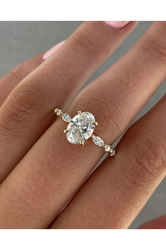 2.50Ct Oval Moissanite Engagement Ring with Solitaire and Pave Accents 10k Yellow Gold, Ring Size 7.5