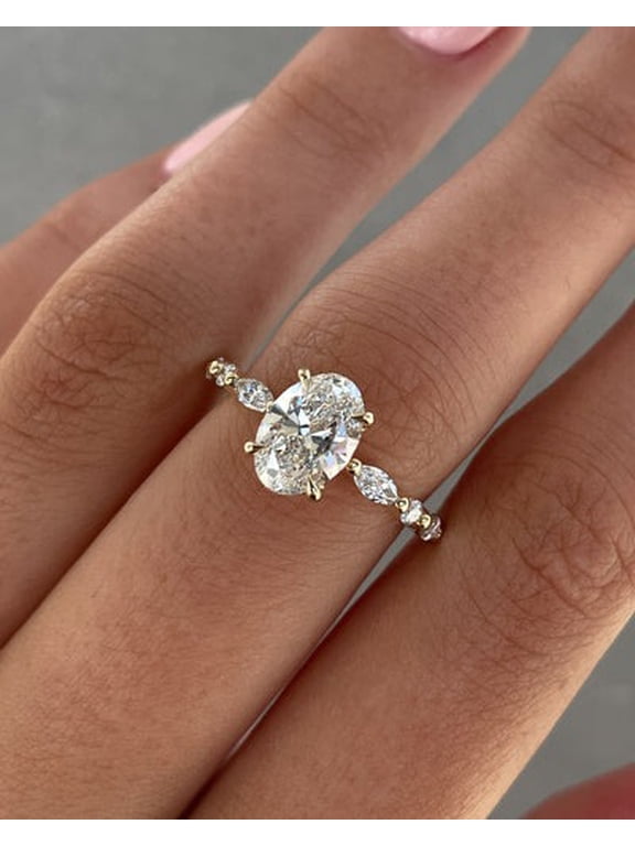 2.50Ct Oval Moissanite Engagement Ring with Solitaire and Pave Accents 14kYellow Gold, Ring Size 10.5