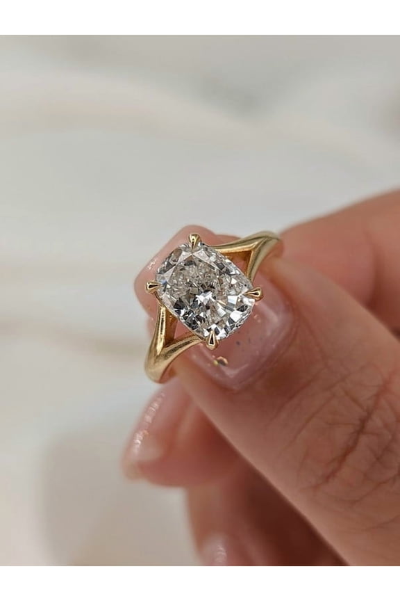 2.60Ct Cushion Cut Moissanite Diamond Split Shank Style Engagement Solitaire Ring for Annivarsary Gift in 10K Yellow Gold, Ring Size 10