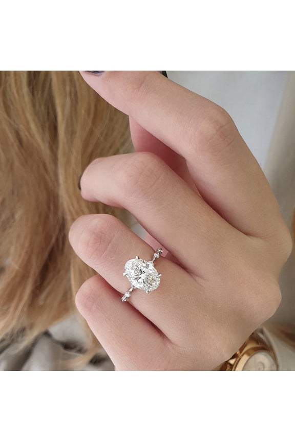 2.65ct Oval DE-VVS Moissanite Diamond Dainty Pave Engagement Ring, Solitaire Dianty Wedding Gift Ring, 14kWhite Gold, Ring Size 7