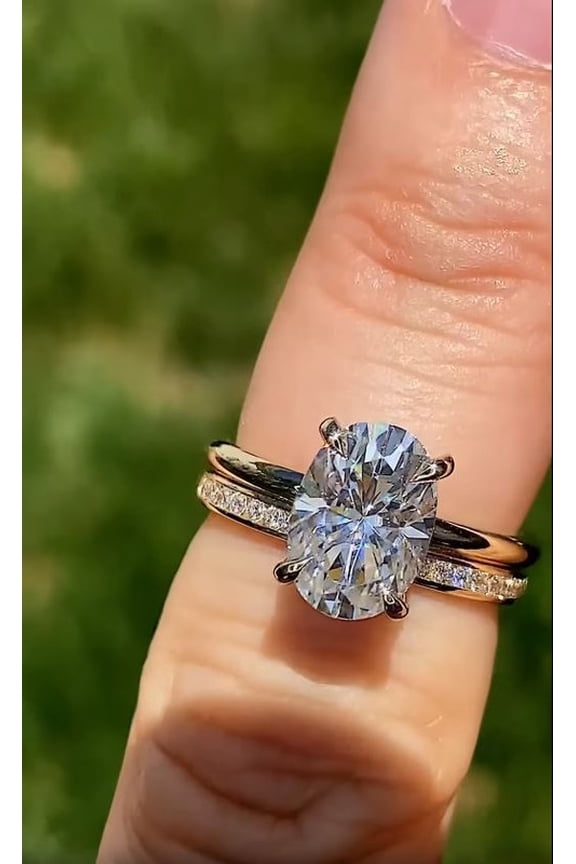 2.7CT Oval Cut Moissanite Hidden Halo Engagement Ring with Bezel Set Round Moissanite Wedding Band, Wedding Set For Women in 10K Yellow Gold, Ring Size 7