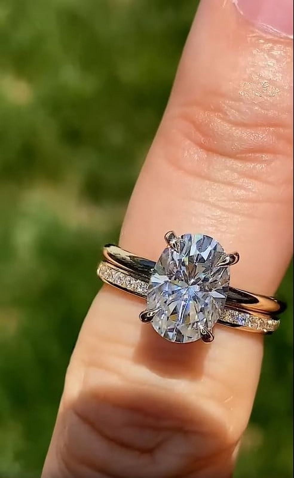 Solitaire Brilliance 2.7CT Oval Cut Moissanite Hidden Halo Engagement Ring with Bezel Set Round Moissanite Wedding Band, Wedding Set For Women in 14K Yellow Gold, Ring Size 5