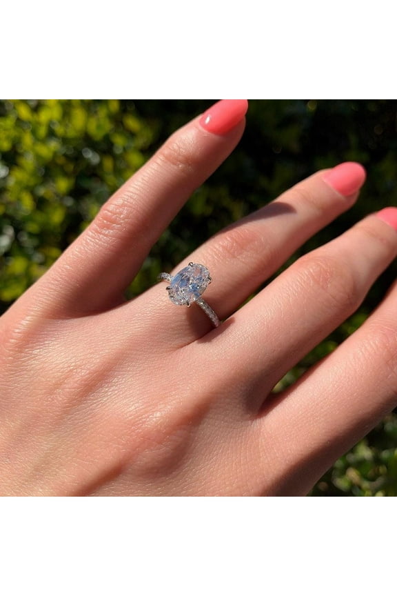 2.90CT Oval Cut Moissanite Diamond Solitaire with Pave Diamond Engagement Ring for Women in 10K White Gold, Ring Size 11