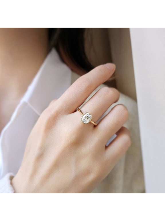 2CT Cushion Moissanite Bezel Solitaire Engagement Ring for Women 10k Yellow Gold Size 10