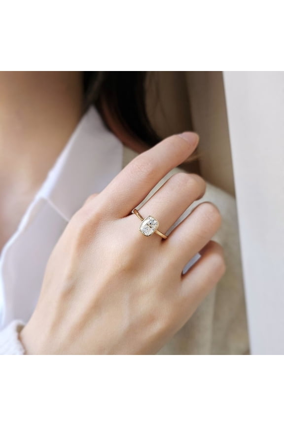 2CT Cushion Moissanite Bezel Solitaire Engagement Ring for Women 14k Yellow Gold Size 6