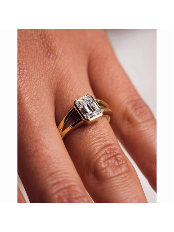 2CT Emerald Moissanite Bezel Split Shank Engagement Ring for Women 10k Yellow Gold Size 8
