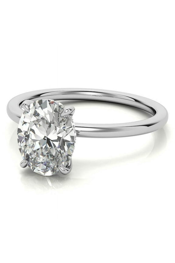 2CT Oval Lab Grown Diamond Solitaire with Hidden Halo Engagement Ring 14K White Gold, Ring Size 5