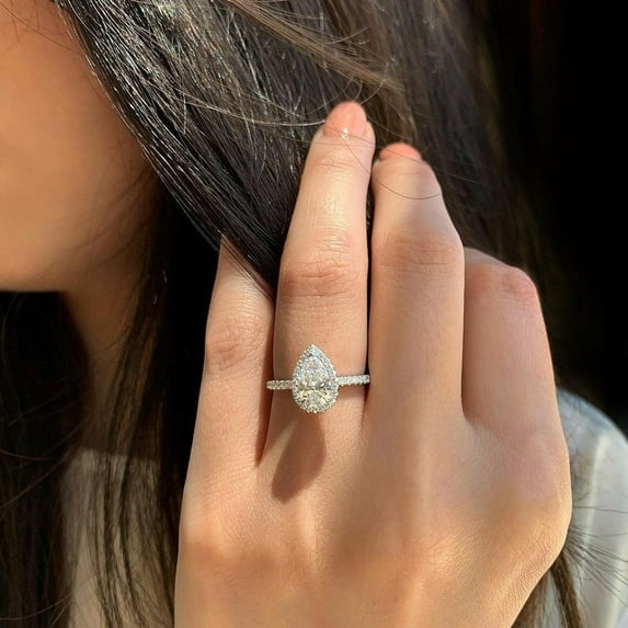 Solitaire Brilliance 2CT Pear Cut Brilliant Moissanite Halo with Accent Pave 3 Prongs Wedding Gift Ring, Engagement Ring for Women in 10K White Gold, Ring Size 6.5