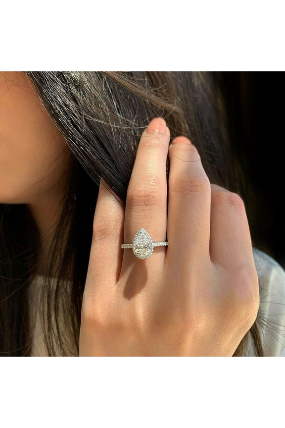 2CT Pear Cut Brilliant Moissanite Halo with Accent Pave 3 Prongs Wedding Gift Ring, Engagement Ring for Women in 10K White Gold, Ring Size 7.5