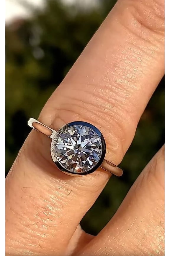 2CT Round Cut Moissanite Bezel Set Engagement Ring 10K White Gold, Ring Size 5