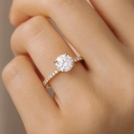 Solitaire Brilliance 2CT Round Moissanite Hidden Halo Pave Engagement Ring for Women 10k Yellow Gold Size 4
