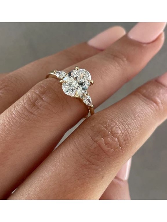 2Ct Oval Moissanite Three Stones Engagement Ring for Women 14k Yellow Gold Size 10