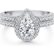 SOLITAIRE BRILLIANCE 2Ct Pear Moissanite Teardrop Halo Bridal Ring Set - 925 Sterling Silver