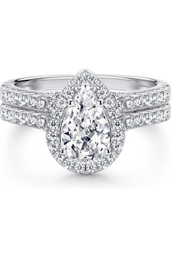 2Ct Pear Moissanite Teardrop Halo Bridal Ring Set - 925 Sterling Silver