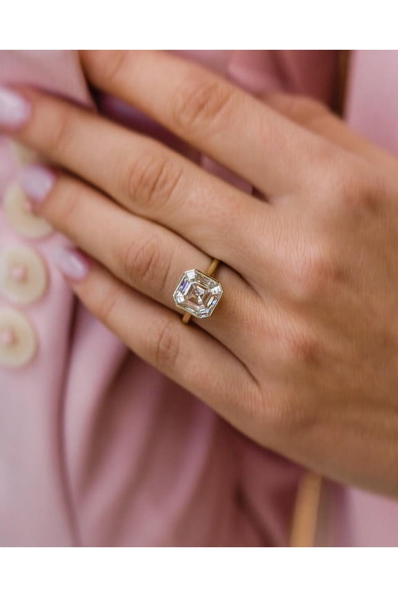 3.5CT Asscher Moissanite Solitaire Bezel Engagement Ring for Women 10k Yellow Gold Ring Size 10