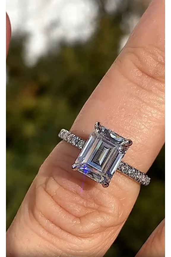 3.CT Emerald Lab Grown Diamond Pave Basket Engagement Ring 10K White Gold, Ring Size 9.5