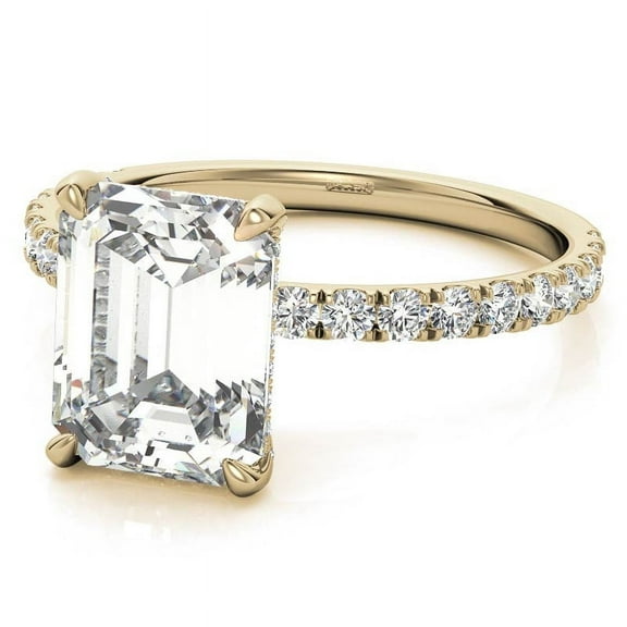 Solitaire Brilliance 3.CT Emerald Moissanite Diamond Pave Basket Engagement Ring 10K Yellow Gold, Ring Size 4