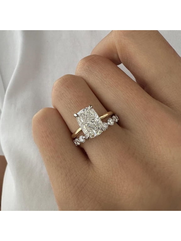 3Ct Elongated Cushion Moissanite Hidden Halo Engagement Ring Set for Women 10k Two Tone Ring Size 5