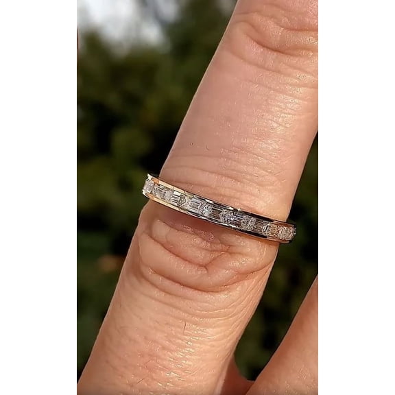 Solitaire Brilliance 3x2mm Emerald Moissanite Channel Set Eternity Band, Full Eternity Wedding Stackable Band Solid 10K Yellow Gold, Ring Size 4