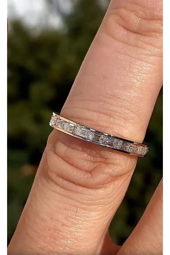 3x2mm Emerald Moissanite Channel Set Eternity Band, Full Eternity Wedding Stackable Band Solid 10K Yellow Gold, Ring Size 4