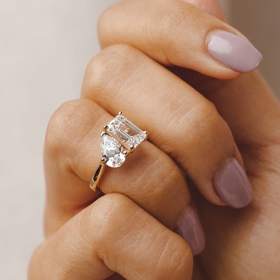 Solitaire Brilliance 4TCW Emerald Pear Toi et Moi Engagement Ring Setting for Women 10k Yellow Gold Size 4