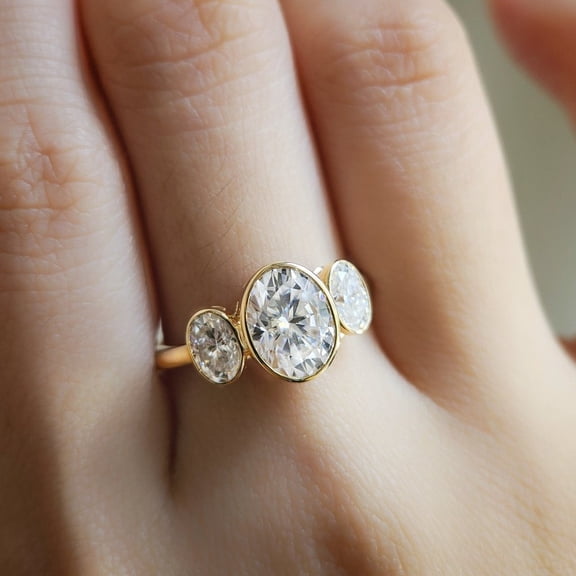 Solitaire Brilliance 4TCW Oval Moissanite Three Stone Bezel Engagement Ring for Women 10k Yellow Gold Size 10