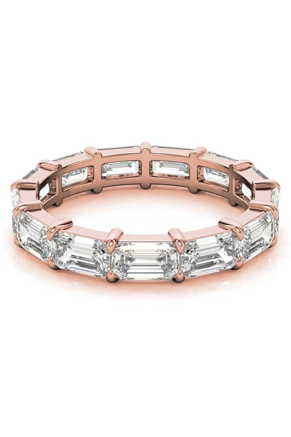 5x3mm Emerald Cut Lab Grown Diamond Shared Prong Stackable Engagement Ring, Full Eternity Wedding Band Solid 10K Rose Gold, Ring Size 4