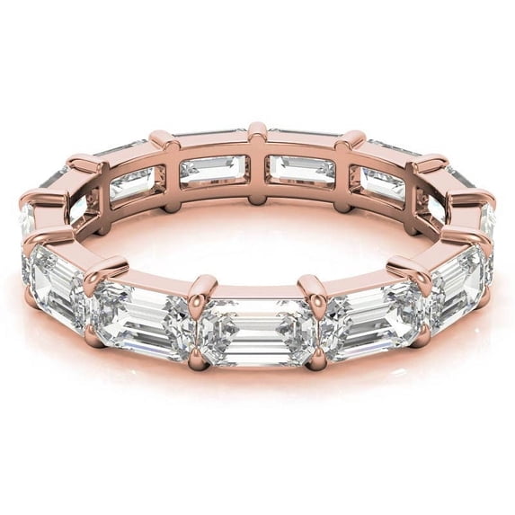 Solitaire Brilliance 5x3mm Emerald Cut Moissanite Shared Prong Stackable Engagement Ring, Full Eternity Wedding Band Solid 18K Rose Gold, Ring Size 6