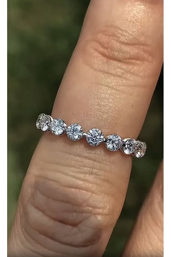 9-Stone 3mm Round Brilliant Moissanite Stackable Band, Shared Prong Wedding Ring Solid 10K White Gold, Ring Size 4