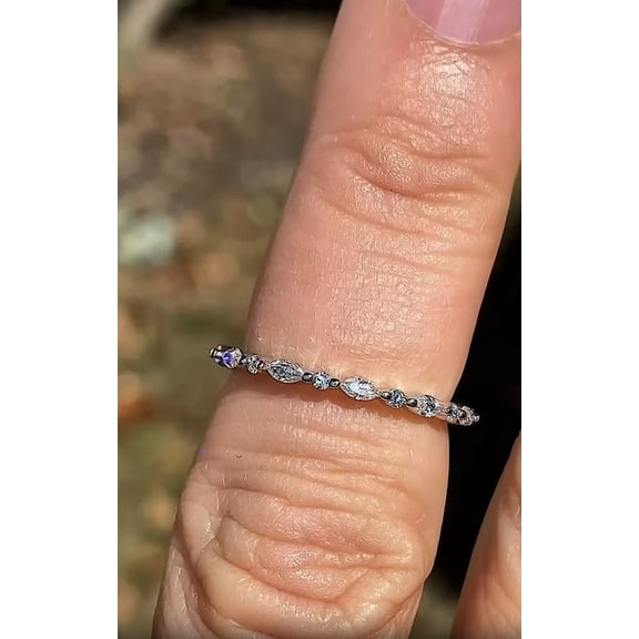 Solitaire Brilliance Alternating Marquise & Round Moissanite Diamond Ring, Shared Prong Wedding Stacking Band Solid 10K White Gold, Ring Size 4