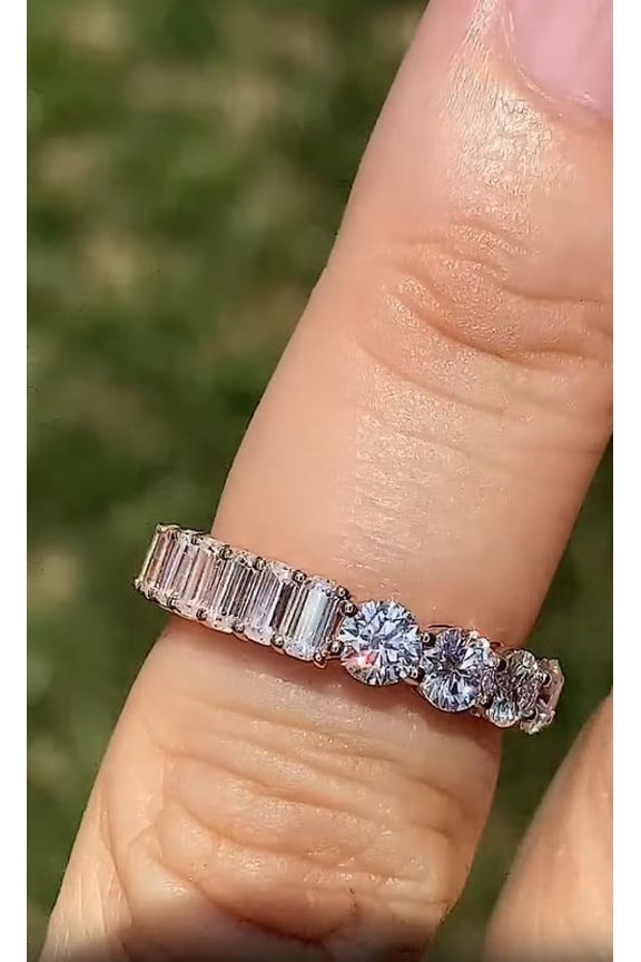 Emerald & Round Cut Lab Grown Diamond Wedding Full Eternity Band for Women Solid 10K Rose Gold, Ring Size 4