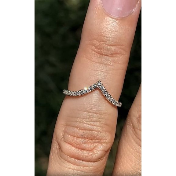 Solitaire Brilliance Round Lab Grown Diamond V-Shape Stackable Band, Unique Curved Pave Diamond Chevron Wedding Ring Solid 10K White Gold, Ring Size 4
