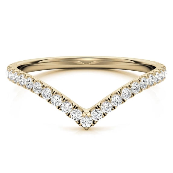 Solitaire Brilliance Round Lab Grown Diamond V-Shape Stackable Band, Unique Curved Pave Diamond Chevron Wedding Ring Solid 10K Yellow Gold, Ring Size 8.5