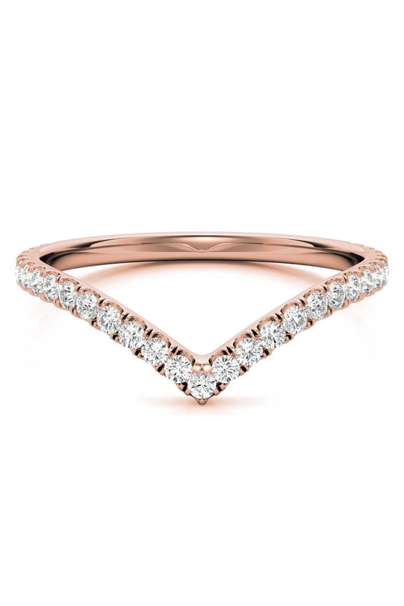 Round Lab Grown Diamond V-Shape Stackable Band, Unique Curved Pave Diamond Chevron Wedding Ring Solid 18K Rose Gold, Ring Size 5