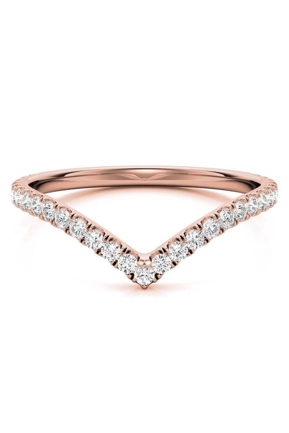 Round Moissanite V-Shape Stackable Band, Unique Curved Pave Diamond Chevron Wedding Ring Solid 10K Rose Gold, Ring Size 4.5