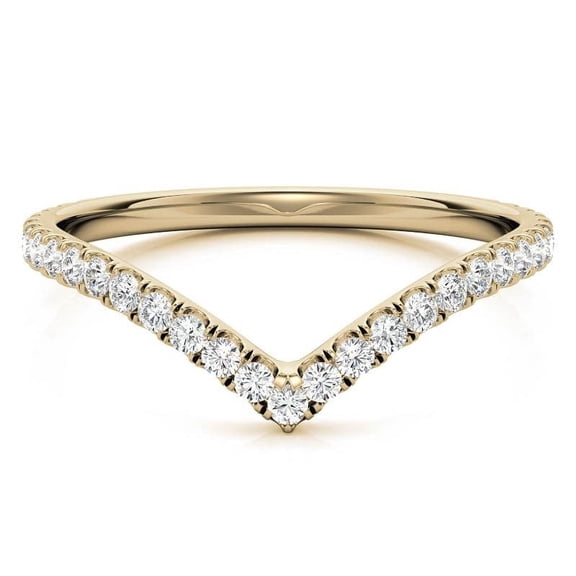 Solitaire Brilliance Round Moissanite V-Shape Stackable Band, Unique Curved Pave Diamond Chevron Wedding Ring Solid 10K Yellow Gold, Ring Size 5